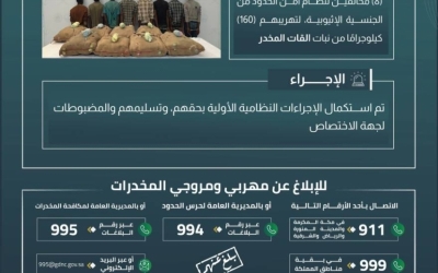 ضبط حرس الحدود بجازان 8 مخالفين لتهريب 160 كيلوجرامًا من القات المخدر