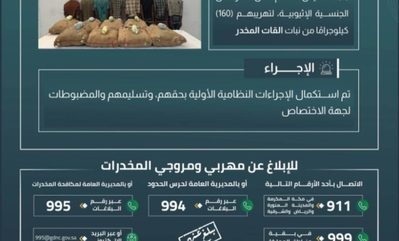 ضبط حرس الحدود بجازان 8 مخالفين لتهريب 160 كيلوجرامًا من القات المخدر