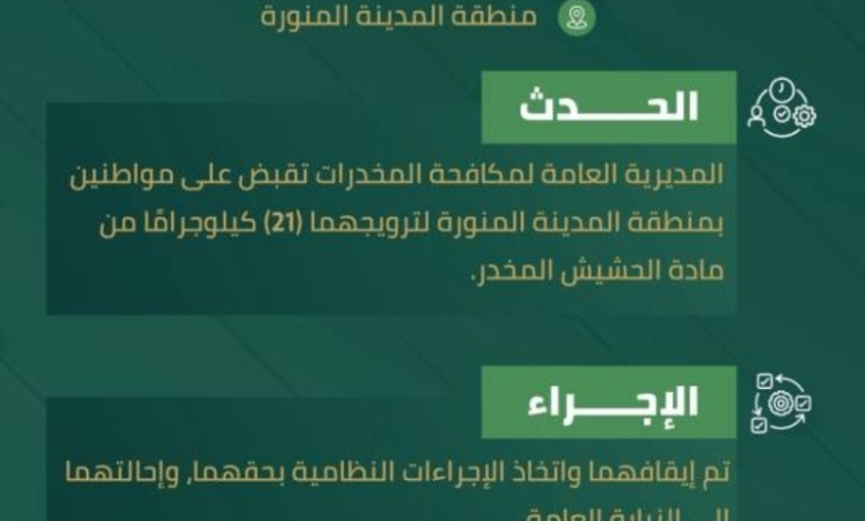 ضبط شخصين في المدينة المنورة بتهمة ترويج 21 كلجم من الحشيش المخدر
