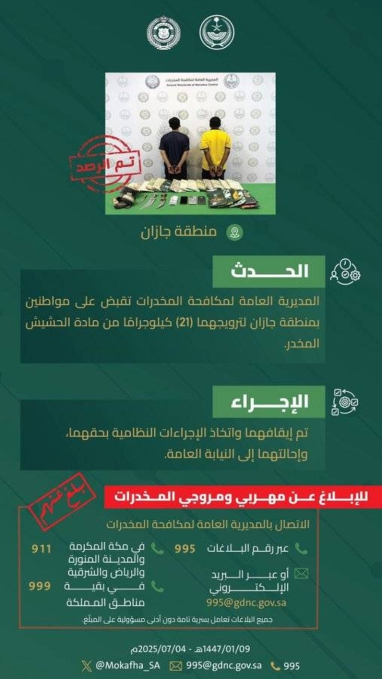 ضبط مواطنين في جازان بتهمة ترويج 21 كيلوجرامًا من الحشيش المخدر