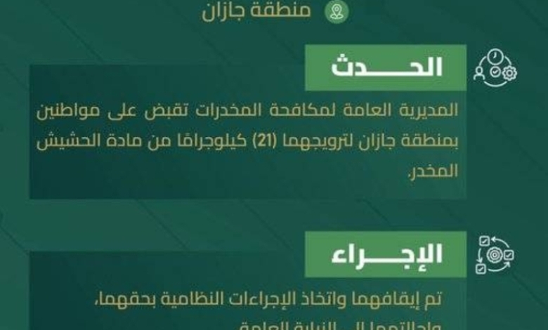 ضبط مواطنين في جازان بتهمة ترويج 21 كيلوجرامًا من الحشيش المخدر