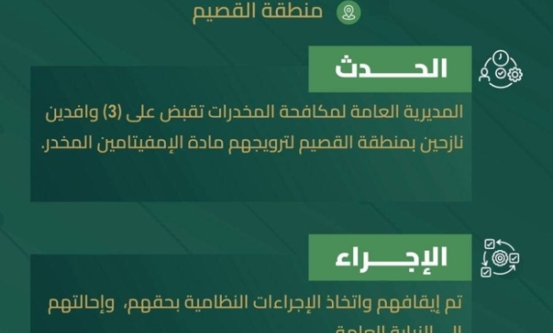 قبض أمن القصيم على 3 نازحين بتهمة ترويج الإمفيتامين