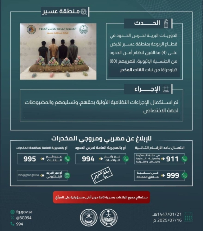 قبض حرس الحدود بعسير على 4 مخالفين لنظام أمن الحدود أثناء تهريب 80 كيلوجرامًا من نبتة القات المخدر