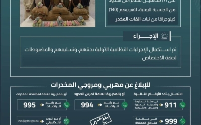 قبض حرس الحدود بعسير على 7 مخالفين لتهريب 140 كيلوجرامًا من نبات القات المخدر