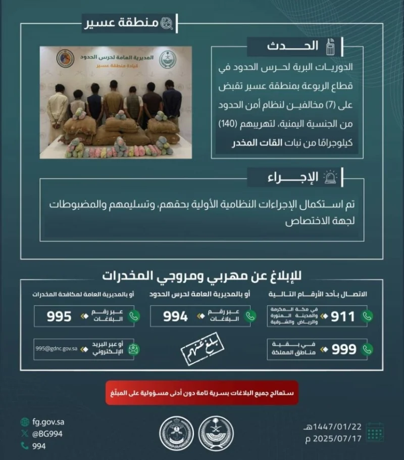 قبض حرس الحدود بعسير على 7 مخالفين لتهريب 140 كيلوجرامًا من نبات القات المخدر