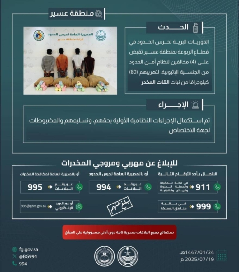 قوة حرس الحدود بعسير تعتقل أربعة مهربين يحاولون تهريب 80 كيلوغرامًا من القات المخدر