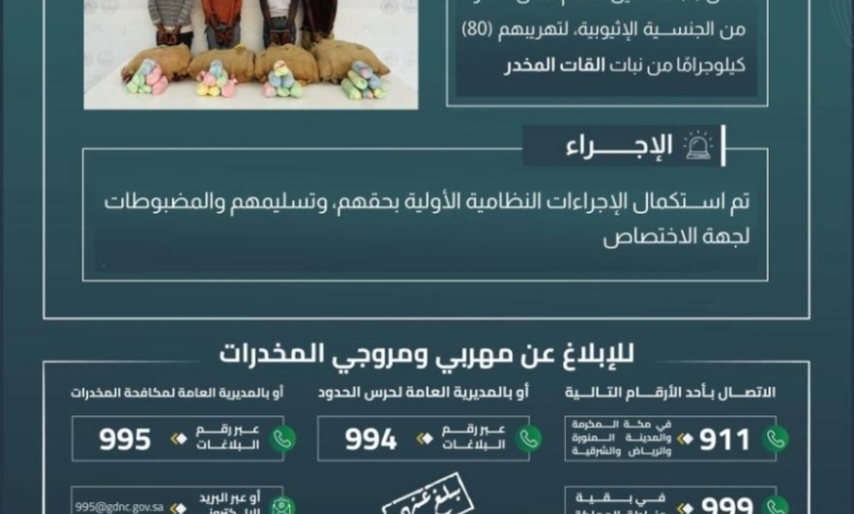 قوة حرس الحدود بعسير تعتقل أربعة مهربين يحاولون تهريب 80 كيلوغرامًا من القات المخدر
