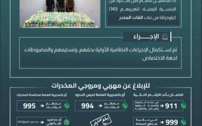مخالفون متورطون في تهريب 140 كيلوجرامًا من القات المخدر بقبضة حرس الحدود بجازان