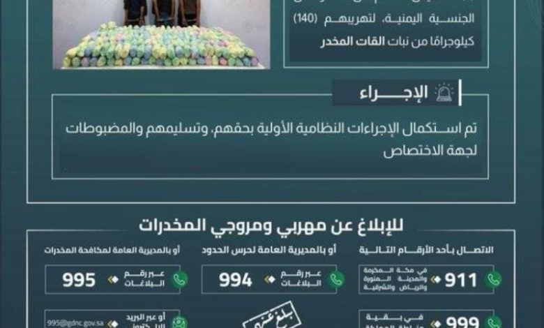 مخالفون متورطون في تهريب 140 كيلوجرامًا من القات المخدر بقبضة حرس الحدود بجازان