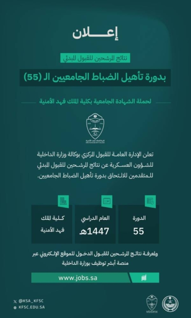 نتائج المقبولين في دورة تأهيل الضباط الجامعيين بـ"فهد الأمنية" تُعلن