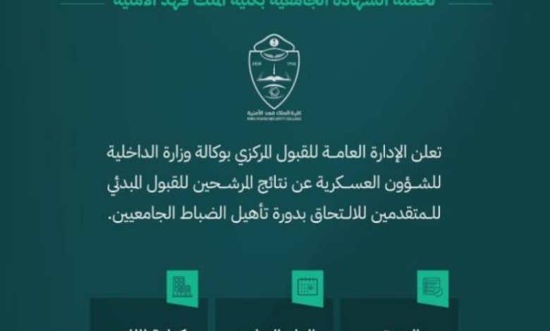 نتائج المقبولين في دورة تأهيل الضباط الجامعيين بـ"فهد الأمنية" تُعلن