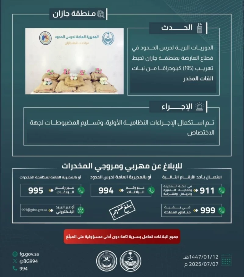 نجاح أمني في إحباط تهريب 195 كيلوجرامًا من القات المخدر بجازان