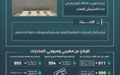 نجاح حرس الحدود بجازان في إحباط تهريب 46.4 كلجم من الحشيش المخدر