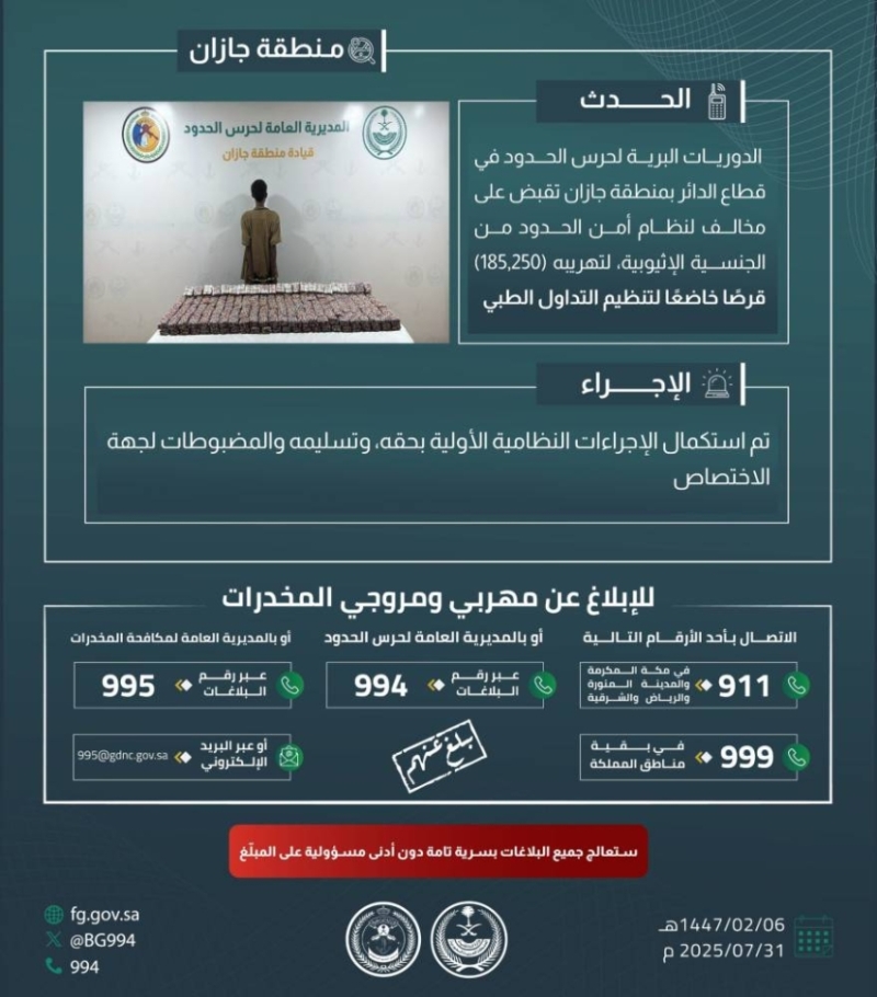 نجاح حرس الحدود بجازان في القبض على مهرب 185,250 قرصًا خاضعًا لتنظيم التداول الطبي
