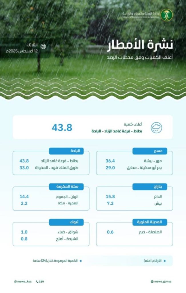أمطار غزيرة في منطقة الباحة تسجل أعلى كمية هطول في المملكة خلال 24 ساعة
