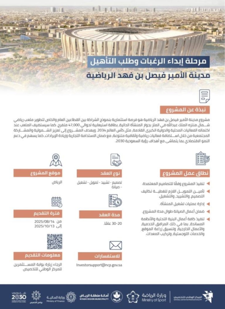 إطلاق مرحلة تقديم الرغبات وطلبات التأهيل لمدينة الأمير فيصل بن فهد الرياضية الجديدة.