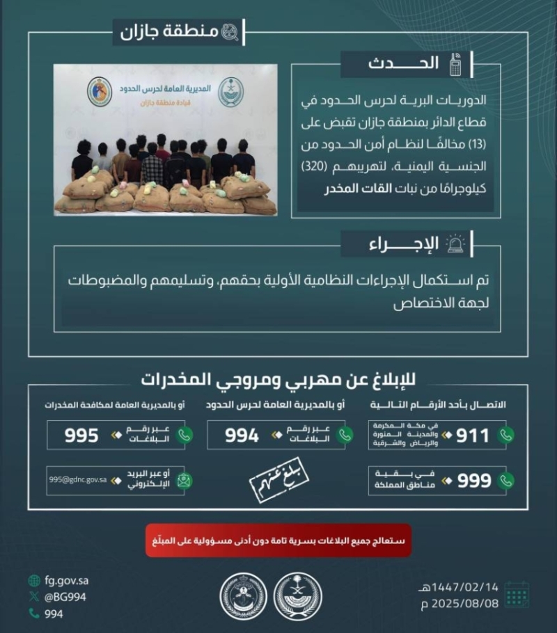 إلقاء القبض على 13 مخالفًا بتهمة تهريب 320 كيلوجرامًا من القات المخدر
