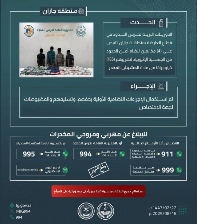 إلقاء القبض على أربعة مهربين بحوزتهم 185 كجم من الحشيش في العارضة