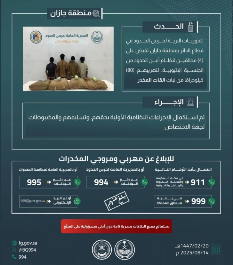 اعتقال 4 مخالفين في جازان لتهريب 80 كلجم من نبات القات المخدر