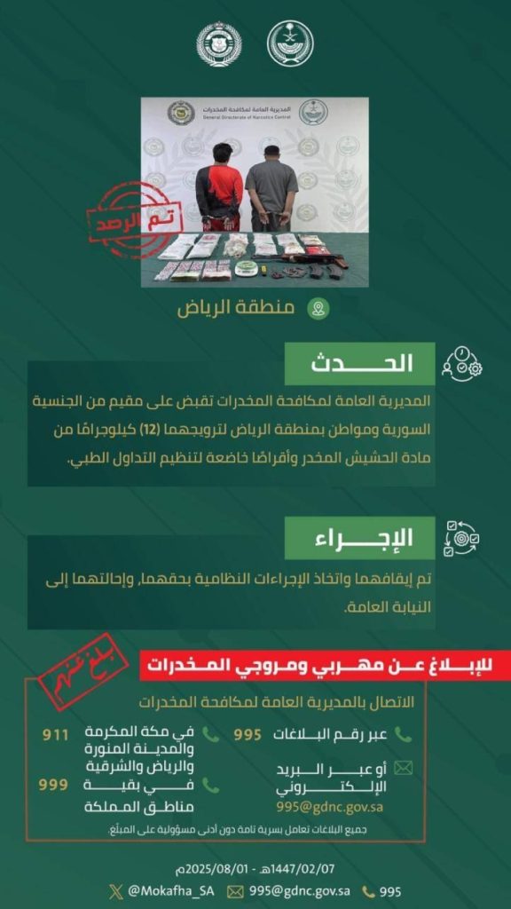 اعتقال شخصين بتهمة ترويج المخدرات في الرياض