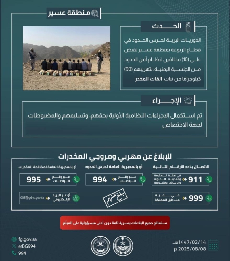 اعتقال عشرة مخالفين أثناء تهريب تسعين كيلوغراماً من القات المخدر