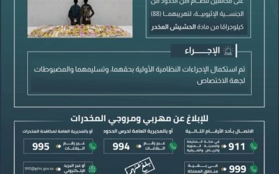 اعتقال مهربين بكمية (88) كيلوجرامًا من الحشيش المخدر