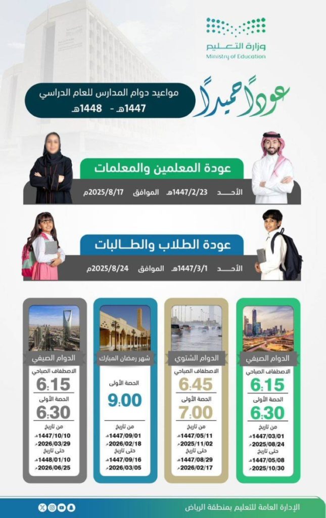اعتماد توقيت الدوام في تعليم الرياض للعام الدراسي المقبل