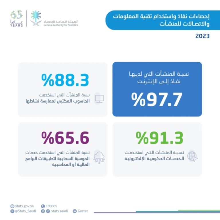 الإحصاءات تظهر أن 97.7% من المنشآت في المملكة تمتلك خدمة الإنترنت لعام 2023.