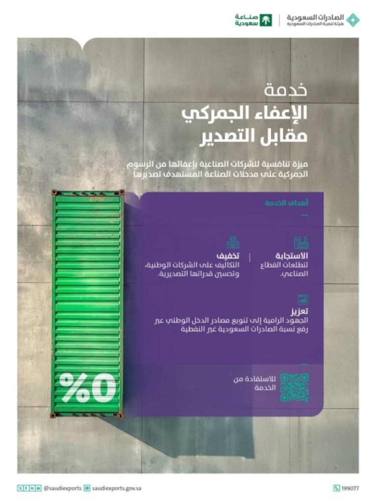 الإعفاء من الرسوم لتعزيز الصادرات وزيادة تنافسية الصناعة السعودية في الأسواق العالمية.