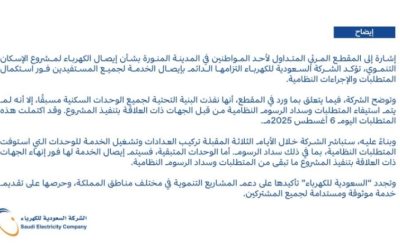 السعودية للكهرباء تعلن: البنية التحتية للمشروع جاهزة، لكن الرسوم لا تزال غير مسددة