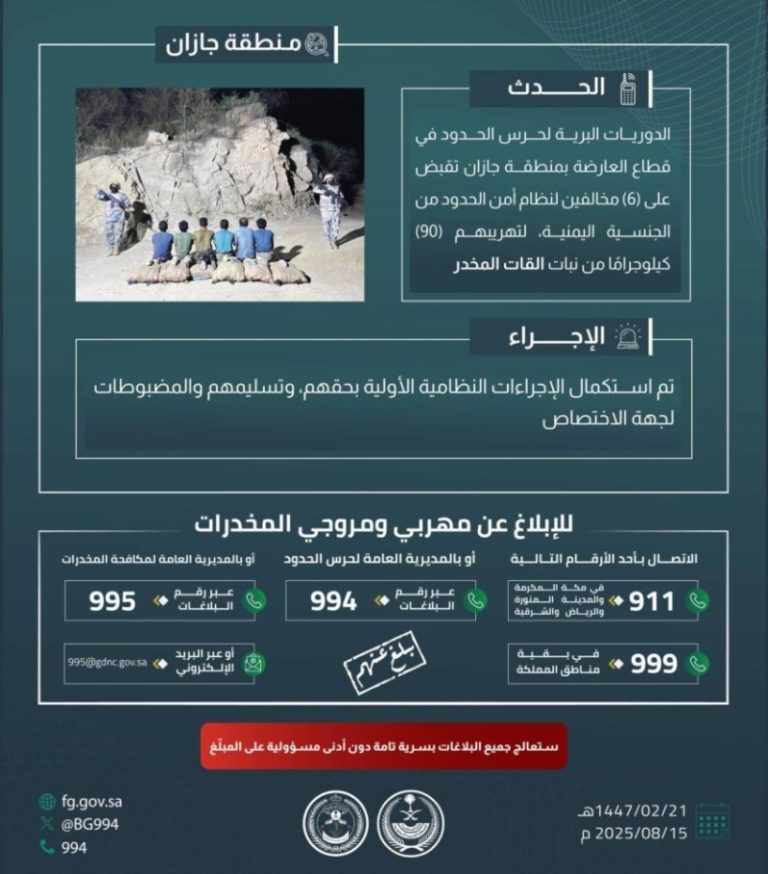 الشرطة تضبط 6 مخالفين في جازان لتهريب 90 كيلوغراماً من نبات القات