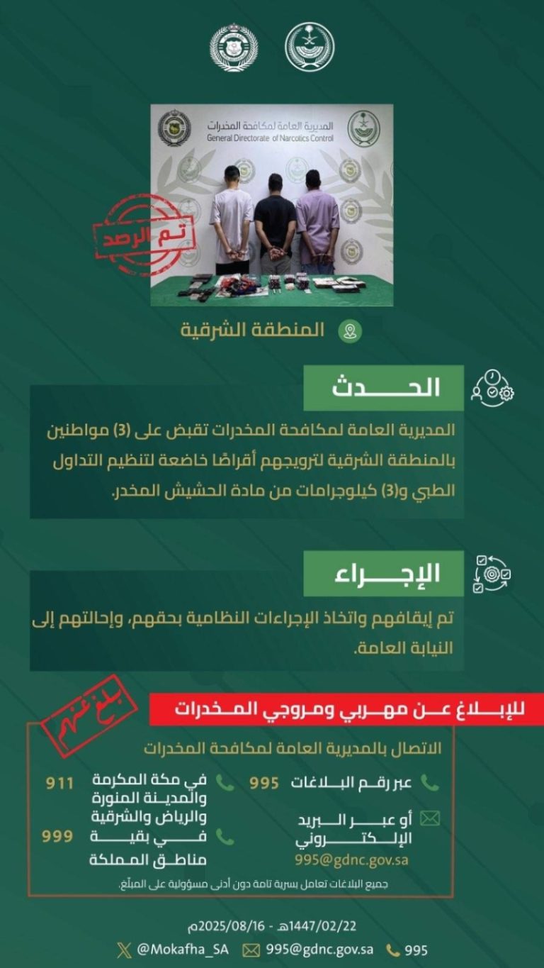 القبض على 3 مواطنين في الشرقية بتهمة ترويج المخدرات