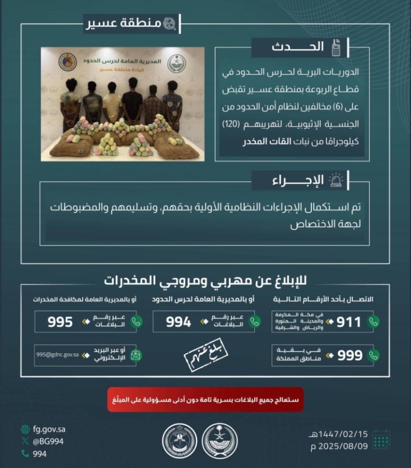القبض على ستة مهربين بحوزتهم 120 كيلوجرامًا من القات المخدر