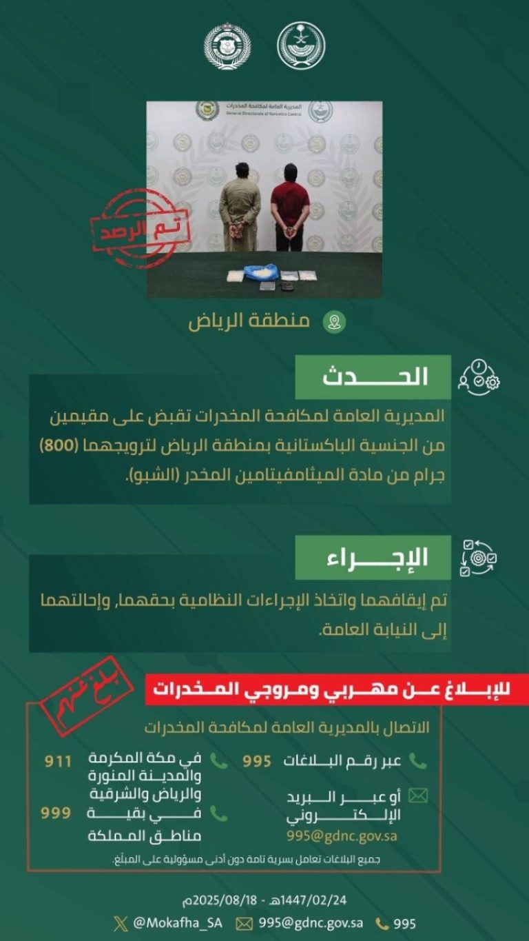 القبض على مقيمين في الرياض لترويج “الشبو” المخدرات