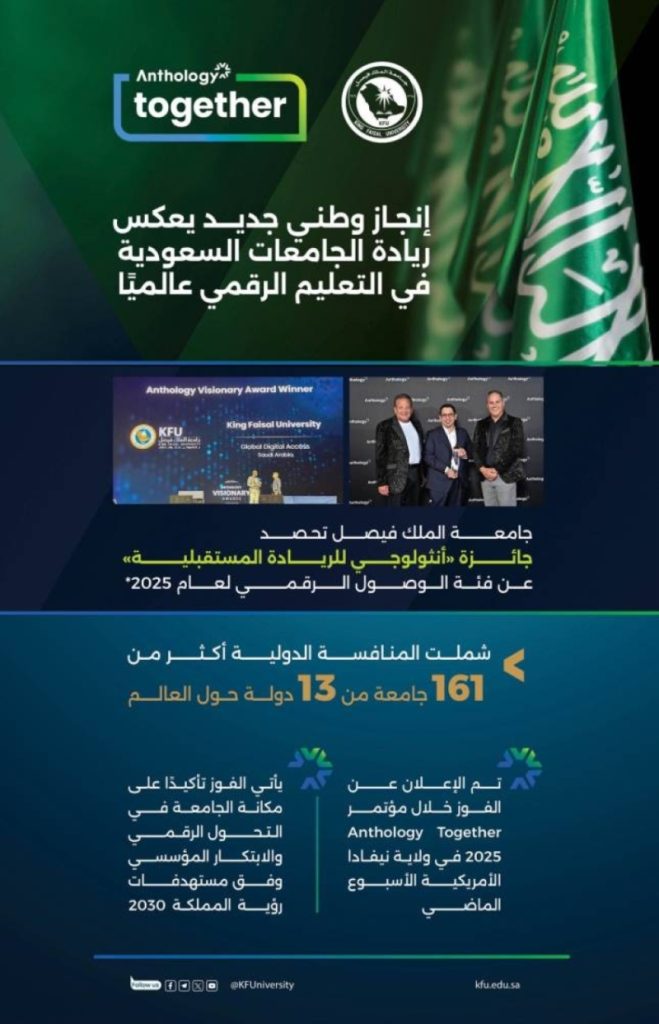 جامعة الملك فيصل تفوز بجائزة "أنثولوجي للريادة المستقبلية" في فئة الوصول الرقمي المتقدم.