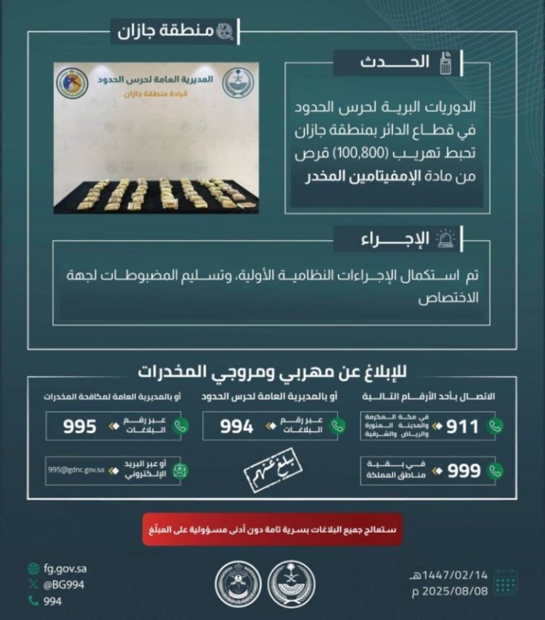 حرس الحدود بجازان ينجح في إحباط تهريب 100,800 قرص إمفيتامين