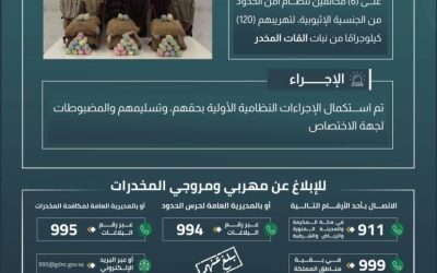 حرس الحدود بعسير يتمكن من القبض على 6 مخالفين لنظام أمن الحدود بحوزتهم 120 كيلوجرامًا من نبات القات المخدر