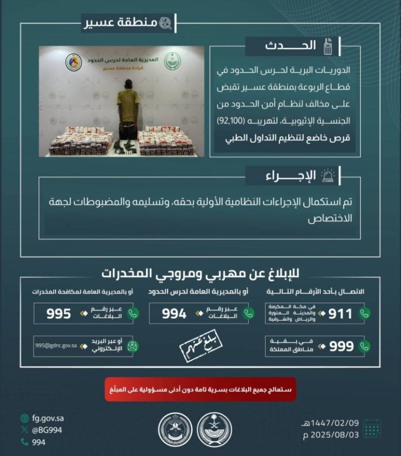 حرس الحدود بعسير ينجح في ضبط مهرب ي حاول تهريب 92,100 قرصٍ مخدر