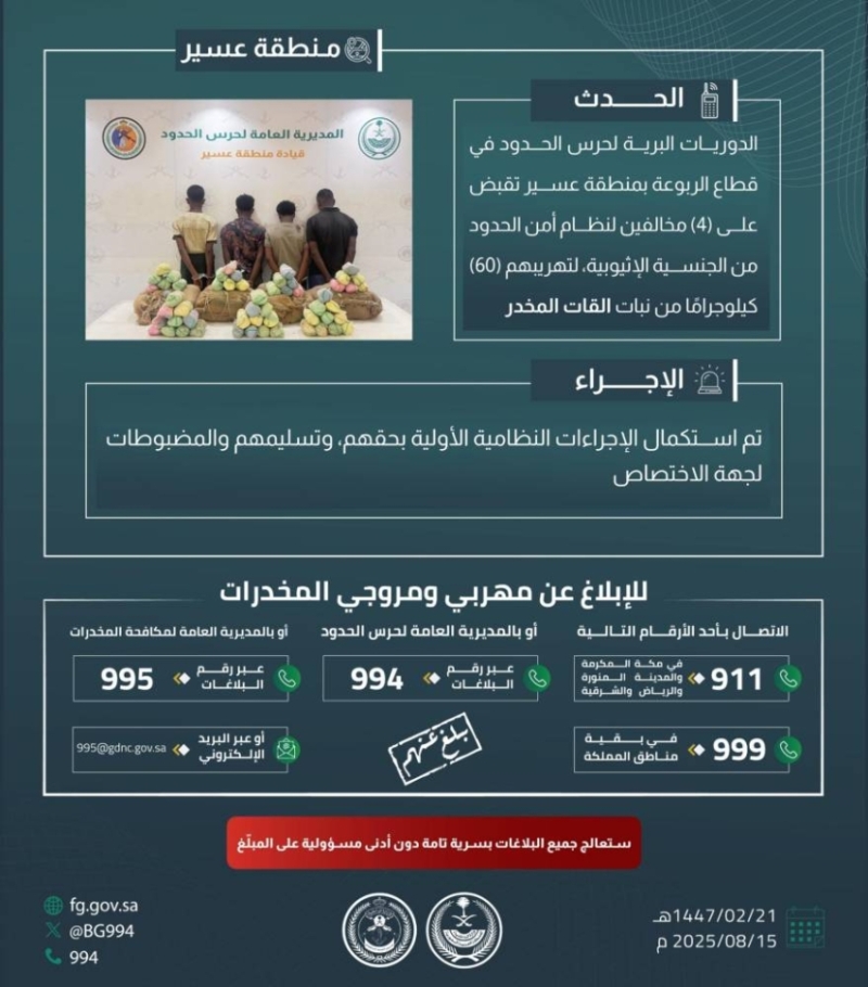 ضبط 4 مهربين في عسير أثناء تهريب 60 كيلوغرامًا من نبات القات