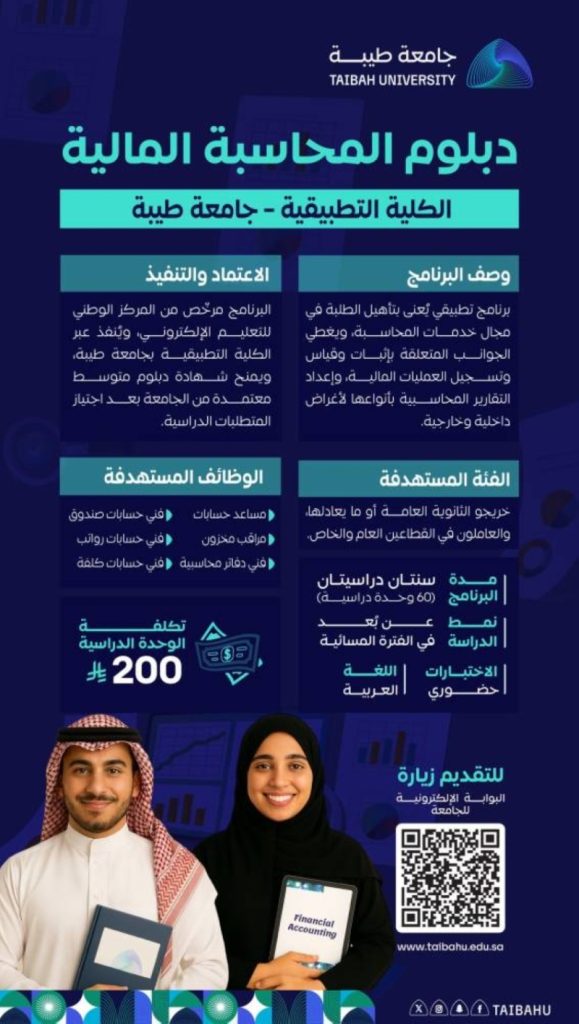 فتح باب التسجيل في دبلوم المحاسبة المالية بجامعة طيبة
تسجيل دبلوم المحاسبة المالية متاح الآن في جامعة طيبة
جامعة طيبة تبدأ التسجيل لدبلوم المحاسبة المالية
دبلوم المحاسبة المالية: التسجيل مفتوح في جامعة طيبة