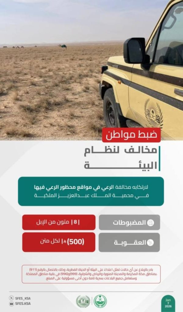 القبض على مواطن مخالف لنظام البيئة في محمية الملك عبدالعزيز الملكية