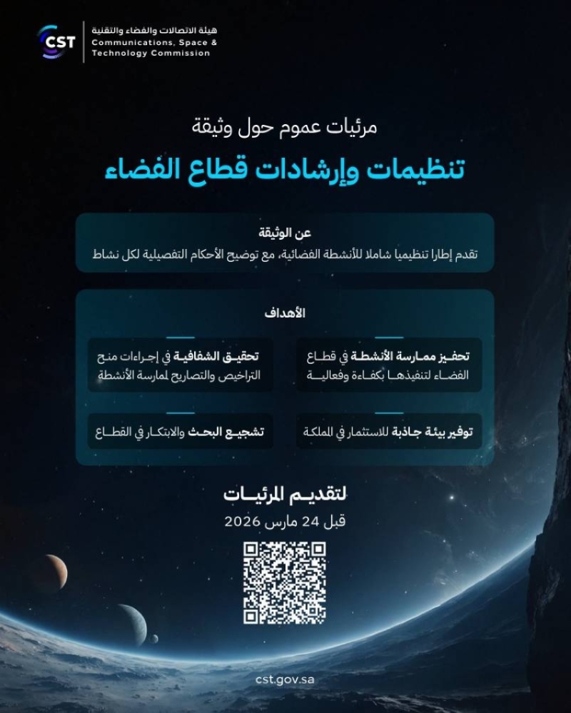هيئة الاتصالات والفضاء تدعو الجميع لتقديم آرائهم حول "تنظيمات وإرشادات قطاع الفضاء"